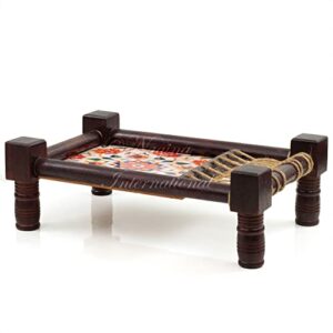 Traditional Decorative Asian Cot Tray for Snacks & Drinks | North Indian Decorative Wooden Coat Decor Accent (Floral Red)