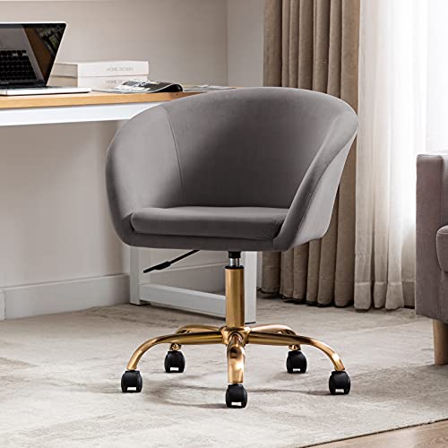 Duhome Velvet Vanity Chair with Wheels, Upholstered Task Chair with Arms Height Adjustable Home Office Chair for Bedroom Living Room Study Grey Velvet