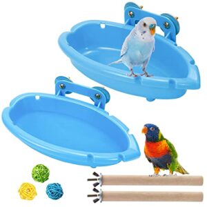 Bird Bath Tub 7 Packs, Wooden Bird Branches, Colorful Rattan Balls, Bird Shower Bathing Bowl for Cage, Parrot Bathtub Pool Bird Feeder Bowl Bird Cage Accessories