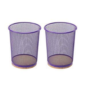 trash can creative iron wire mesh trash can set living room kitchen bathroom garbage bin office thick bamboo bottom paper basket waste bin (color : purple)