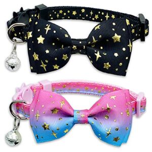 pohshido 2 pack cat collar with bow tie and bell, kitty kitten starshine collar breakaway collar for males females boys and girls cats (rainbow+black)