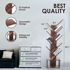 Tree Bookshelf with Drawer Rustic Brown Bookcase 9-Tier Book Rack Free Standing Book Storage Organizer Shelves, Wooden Rack Organizer Shelves for CD Movies/Books Home Office Living Room Bedroom