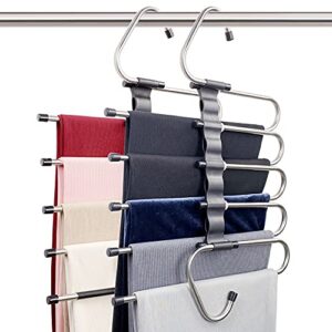 magic pants hangers space saving - 2 pack for closet multiple layers multifunctional uses rack organizer for trousers scarves slack (2 pack with 10 metal clips)