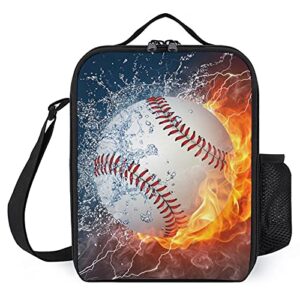 insulated lunch box for girls boys, leakproof portable lunch bags with adjustable shoulder strap and side pocket, durable reusable cooler tote bag for beach/picnic/office/collega (fire baseball)