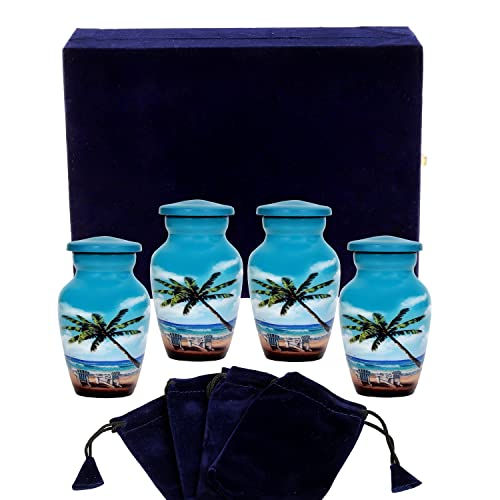 HLC URNS Keepsake Urn Set of 4 – Lovely Blue Beach Set of 4 Keepsake Cremation Urn for Human Ashes with Velvet Box & 4 Velvet Bag-Mini Keepsake Urn - Affordable Keepsake Urn (3 cu.in)