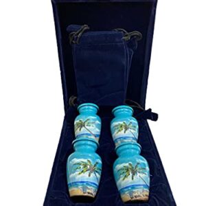 HLC URNS Keepsake Urn Set of 4 – Lovely Blue Beach Set of 4 Keepsake Cremation Urn for Human Ashes with Velvet Box & 4 Velvet Bag-Mini Keepsake Urn - Affordable Keepsake Urn (3 cu.in)