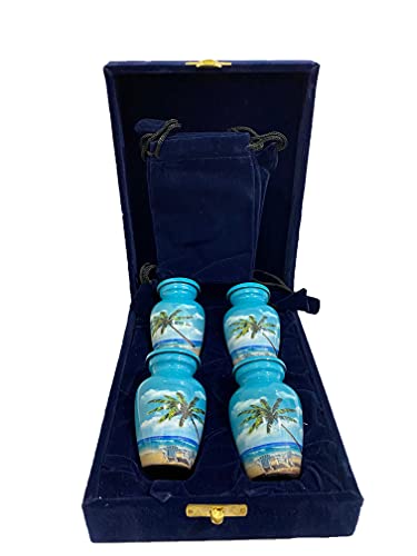 HLC URNS Keepsake Urn Set of 4 – Lovely Blue Beach Set of 4 Keepsake Cremation Urn for Human Ashes with Velvet Box & 4 Velvet Bag-Mini Keepsake Urn - Affordable Keepsake Urn (3 cu.in)