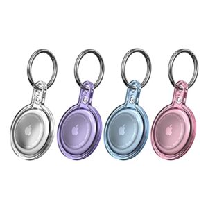 airtag case 4 pack for apple airtag, airtags holder for dog collar, airtag keychain for dogs backpack trunk, 360 degree full cover air tag key ring for waterproof anti-lost (clear+pink+ blue+purple)