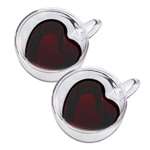 cnglass double wall heart shaped glass coffee mugs 8.5oz,insulated clear tea cups with handle,unique glass espresso mugs for coffee,cappuccino,latte,milk,set of 2