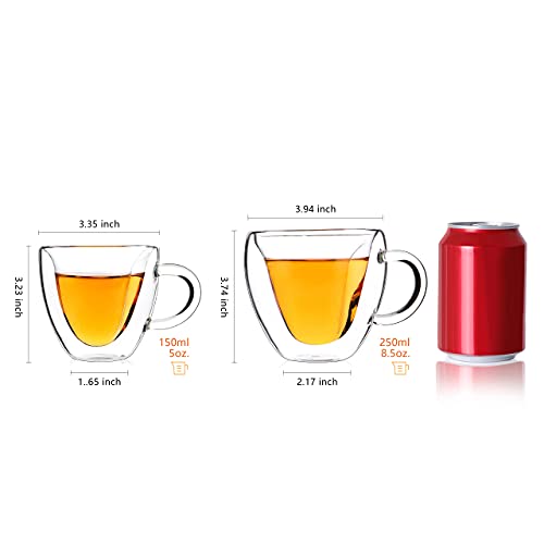 CNGLASS Double Wall Heart Shaped Glass Coffee Mugs 8.5oz,Insulated Clear Tea Cups with Handle,Unique Glass Espresso Mugs for Coffee,Cappuccino,Latte,Milk,Set of 2