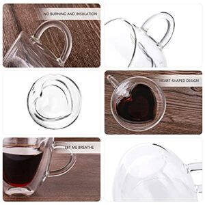 CNGLASS Double Wall Heart Shaped Glass Coffee Mugs 8.5oz,Insulated Clear Tea Cups with Handle,Unique Glass Espresso Mugs for Coffee,Cappuccino,Latte,Milk,Set of 2