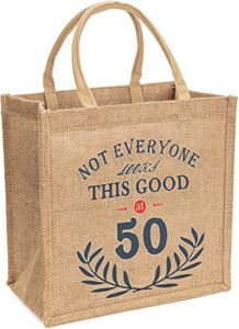 cqnet 50th birthday keepsake gift bag for women, novelty jute cotton tote giftable present bag for mom, wife or friend, beige, medium