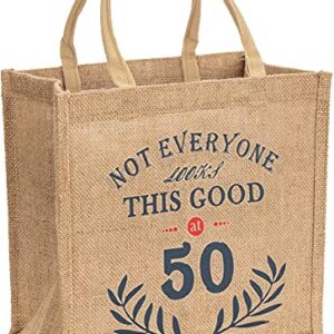 CQNET 50th Birthday Keepsake Gift Bag for Women, Novelty Jute Cotton Tote Giftable Present Bag for Mom, Wife or Friend, Beige, Medium