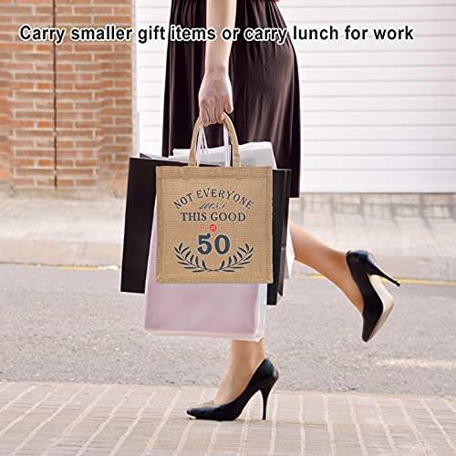 CQNET 50th Birthday Keepsake Gift Bag for Women, Novelty Jute Cotton Tote Giftable Present Bag for Mom, Wife or Friend, Beige, Medium