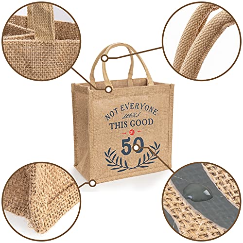 CQNET 50th Birthday Keepsake Gift Bag for Women, Novelty Jute Cotton Tote Giftable Present Bag for Mom, Wife or Friend, Beige, Medium