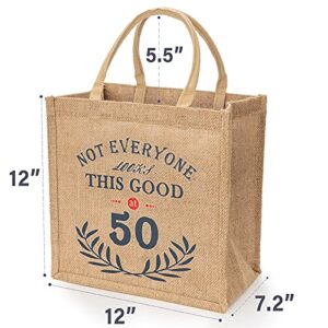 CQNET 50th Birthday Keepsake Gift Bag for Women, Novelty Jute Cotton Tote Giftable Present Bag for Mom, Wife or Friend, Beige, Medium