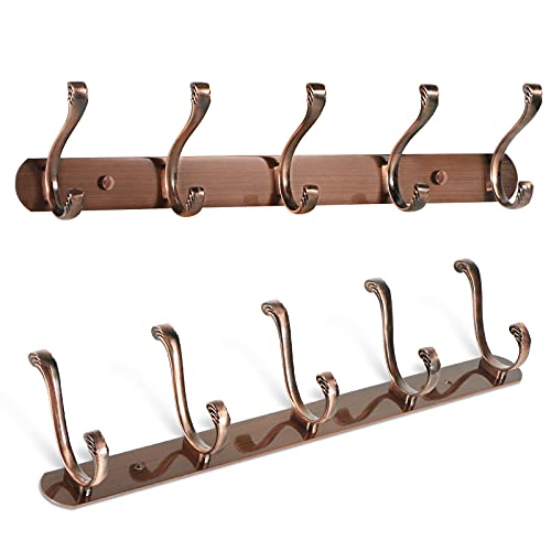 TBMax Coat Rack Wall Mounted with 5 Hooks, 2 Pack Decorative Metal Coat Hook Rail for Coat Hat Towel Purse Robes Mudroom Bathroom Entryway -Antique Copper