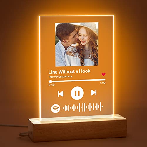 VEELU Personalized Acrylic Song with Photo - Customized spotify Music Plaque - Custom Transparent Picture Album Cover Scannable Spotif Code Night Light - Customized Gifts for Lovers