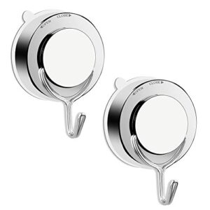 powerful vacuum suction cup hooks, 2 pack heavy duty removable waterproof shower hooks for towel bathrobe coat, strong stainless steel hooks for bathroom kitchen, no drilling towel hanger
