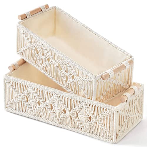 Taufey Macrame Storage Baskets Boho Decor Box Handmade Woven Decorative Countertop Toilet Tank Shelf Cabinet Organizer for Bedroom Living Room Nursery, Set of 2