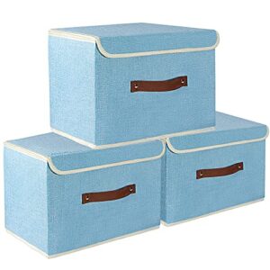 jyps 3-pack extra large collapsible storage bins with lids and handles (15x10x10 inches), washable foldable clothes storage boxes, storage cubes organizer for bedroom closet office -blue