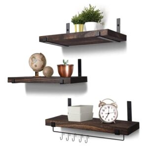 ipetata floating shelves, wall mounted rustic wood wall storage shelves for bathroom, bedroom, kitchen, living room, office and coffee bar wine bar, with towel bar and 5 hooks, set of 3 (brown)