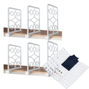 ezicozi set of 6 shelf dividers with t shirt folder board - white closet shelf organizer - separators for wooden shelves in kitchen, bathroom, office, and bedroom - cute laundry room storage