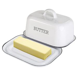 suwimut butter dish with lid, farmhouse white enamel butter dish vintage style enamelware butter container with cover, enameled steel butter keeper butter stick holder for countertop kitchen decor
