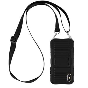e-tree crossbody lanyard case for iphone xs max (6.5 inch) with kickstand stand, shockproof dual layered (hard pc with soft tpu), anti-lost necklace strap for kids elderly outdoors, etc black