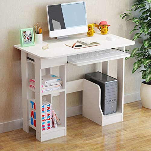 Desktop Home Computer Desk with Storage Shelves Keyboard Tray, Modern Writing Desk Wood Student Study Table Notebook Workstation, White Small Office Desk (White A)