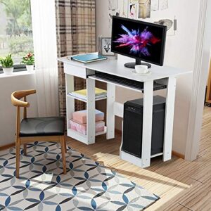 Desktop Home Computer Desk with Storage Shelves Keyboard Tray, Modern Writing Desk Wood Student Study Table Notebook Workstation, White Small Office Desk (White A)