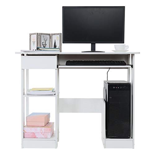 Desktop Home Computer Desk with Storage Shelves Keyboard Tray, Modern Writing Desk Wood Student Study Table Notebook Workstation, White Small Office Desk (White A)