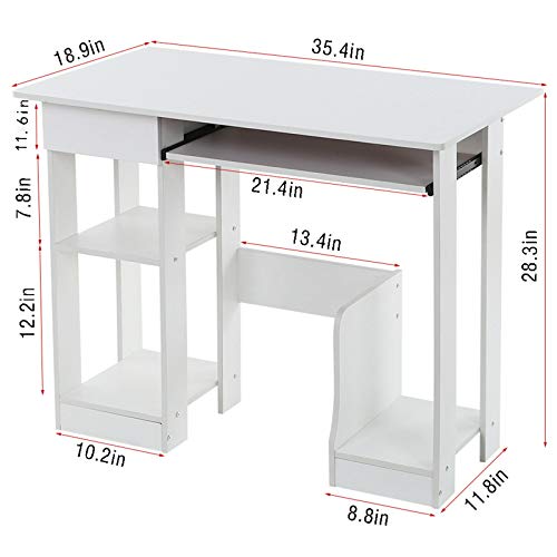 Desktop Home Computer Desk with Storage Shelves Keyboard Tray, Modern Writing Desk Wood Student Study Table Notebook Workstation, White Small Office Desk (White A)