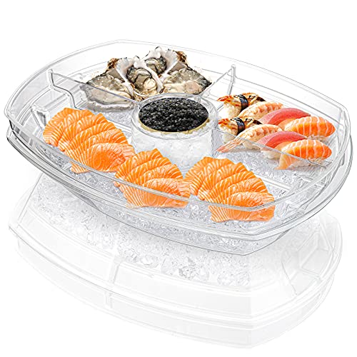 DEAYOU 4 Section Ice Serving Tray, Cold Serving Tray with Flip-Lid for Party Food, Outdoor Serving Platter Dish with Ice Cooling Tray for Appetizers, Fruits, Vegetables, Salads, Picnic, Snack