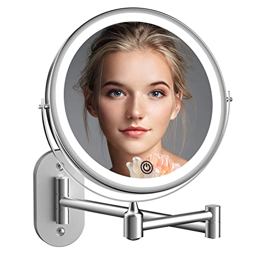 Rechargeable Wall Mounted Lighted Makeup Vanity Mirror 8 inch 1X/10X Magnifying Bathroom Mirror with 3 Color Lights, Double Sided with Dimmable LED Lights, Extended Arm 360°Shaving Light up Mirror