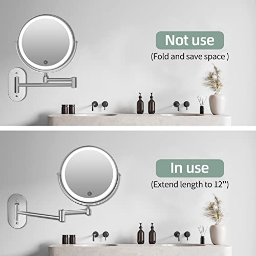 Rechargeable Wall Mounted Lighted Makeup Vanity Mirror 8 inch 1X/10X Magnifying Bathroom Mirror with 3 Color Lights, Double Sided with Dimmable LED Lights, Extended Arm 360°Shaving Light up Mirror