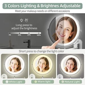 Rechargeable Wall Mounted Lighted Makeup Vanity Mirror 8 inch 1X/10X Magnifying Bathroom Mirror with 3 Color Lights, Double Sided with Dimmable LED Lights, Extended Arm 360°Shaving Light up Mirror