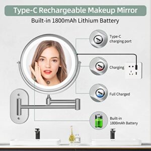 Rechargeable Wall Mounted Lighted Makeup Vanity Mirror 8 inch 1X/10X Magnifying Bathroom Mirror with 3 Color Lights, Double Sided with Dimmable LED Lights, Extended Arm 360°Shaving Light up Mirror