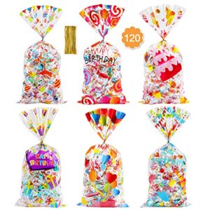 konsait 120pcs birthday cellophane bags, bday clear candy cookie treat bags with twist ties for bakery biscuit chocolate snacks, holiday goody bags, birthday baby shower gifts party favors supplies