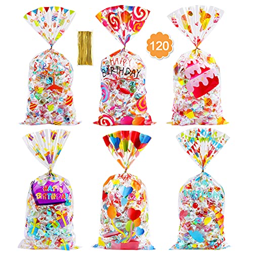 Konsait 120pcs Birthday Cellophane Bags, Bday Clear Candy Cookie Treat Bags with Twist Ties for Bakery Biscuit Chocolate Snacks, Holiday Goody Bags, Birthday Baby Shower Gifts Party Favors Supplies