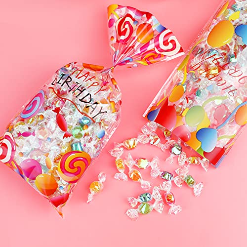 Konsait 120pcs Birthday Cellophane Bags, Bday Clear Candy Cookie Treat Bags with Twist Ties for Bakery Biscuit Chocolate Snacks, Holiday Goody Bags, Birthday Baby Shower Gifts Party Favors Supplies