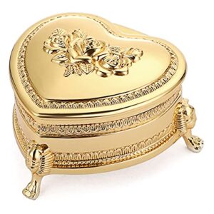 hipiwe vintage metal jewelry box with antique flower carved, small heart shape trinket organizer box earrings rings necklace bracelet storage holder, keepsake gift box for girl and women