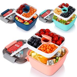 vivimee 3 pack salad lunch containers to go, 52 oz & 38 oz large lunch containers, 3-compartment with dressing container, built-in spoon, reusable salad bowl, salad containers for lunch, fruit, snack