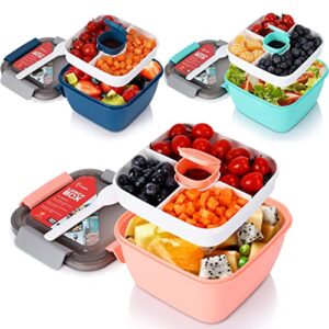 Vivimee 3 Pack Salad Lunch Containers To Go, 52 Oz & 38 Oz Large Lunch Containers, 3-Compartment with Dressing Container, Built-in spoon, Reusable Salad Bowl, Salad Containers for Lunch, Fruit, Snack