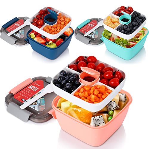 Vivimee 3 Pack Salad Lunch Containers To Go, 52 Oz & 38 Oz Large Lunch Containers, 3-Compartment with Dressing Container, Built-in spoon, Reusable Salad Bowl, Salad Containers for Lunch, Fruit, Snack