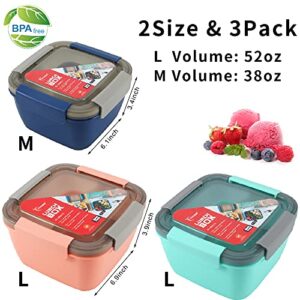 Vivimee 3 Pack Salad Lunch Containers To Go, 52 Oz & 38 Oz Large Lunch Containers, 3-Compartment with Dressing Container, Built-in spoon, Reusable Salad Bowl, Salad Containers for Lunch, Fruit, Snack