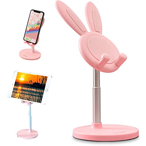 Cute Bunny Phone Holder, Desktop Bunny Ear Cell Phone Holder Stand Height Angle Adjustable Phone Stand Compatible with Most 4-12.9 Inch Mobile Phone, Kindle, iPad, Switch or Tablet (Pink)