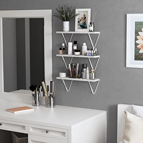 Wallniture Colmar Washed White Floating Shelves for Wall, Wood Wall Shelves for Living Room, Geometric Triangle Shelf with White Brackets Set of 3