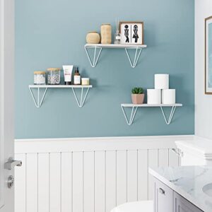 Wallniture Colmar Washed White Floating Shelves for Wall, Wood Wall Shelves for Living Room, Geometric Triangle Shelf with White Brackets Set of 3