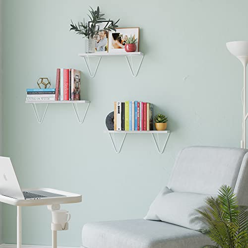 Wallniture Colmar Washed White Floating Shelves for Wall, Wood Wall Shelves for Living Room, Geometric Triangle Shelf with White Brackets Set of 3